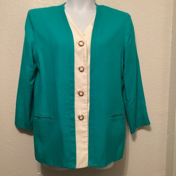 RAFAEL Green and Cream Blazer with 3/4 Sleeves 14 - Picture 5 of 6